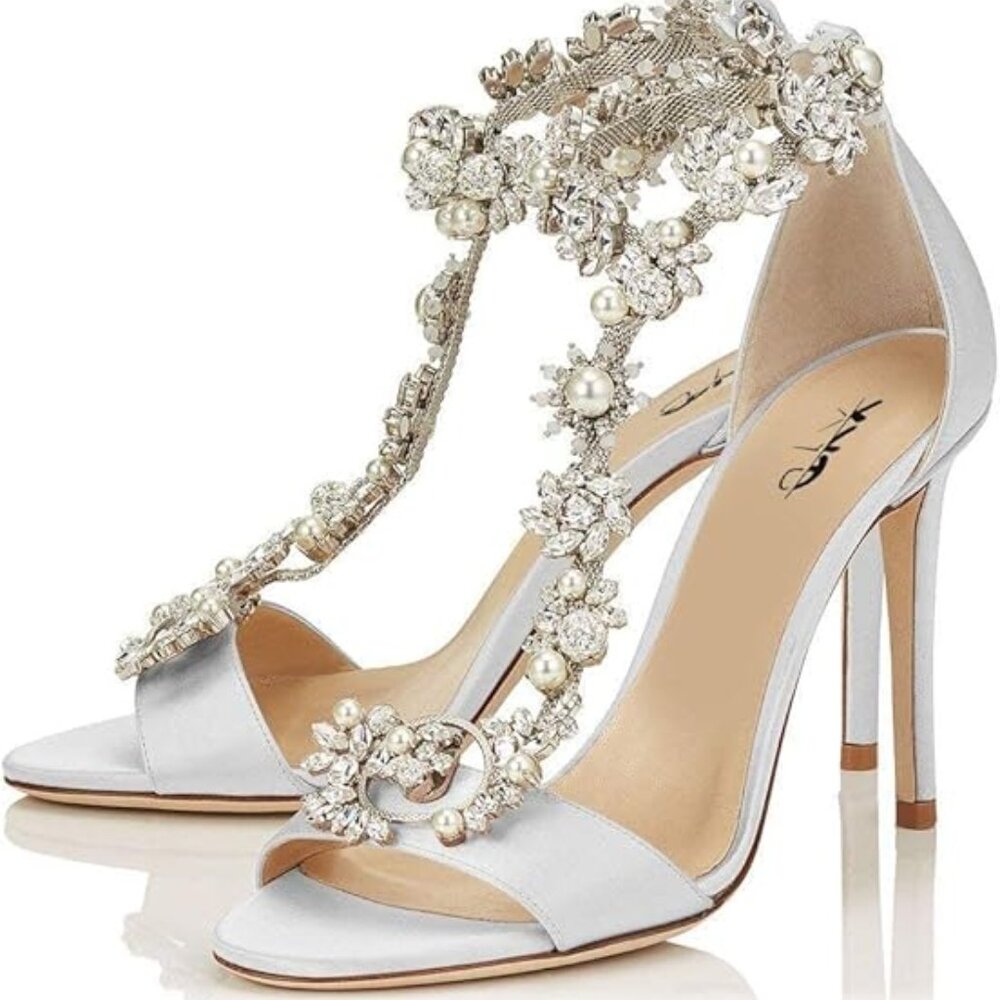 XYD White High Heel Shoes Stilettos Rhinestones Sandals T-Strap Shoes